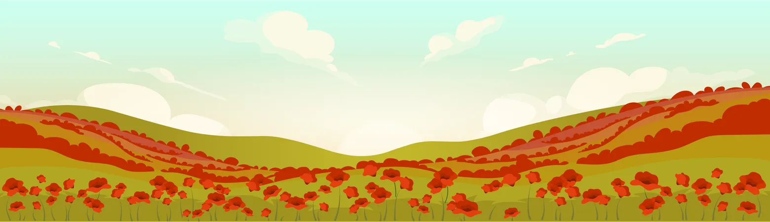 Tuscan Poppy Field At Sunrise  Illustration