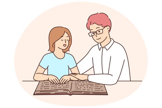 Un tuteur enseigne à un enfant la lecture du braille  Illustration