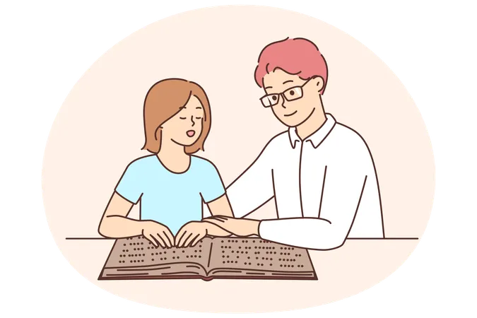 Un tuteur enseigne à un enfant la lecture du braille  Illustration