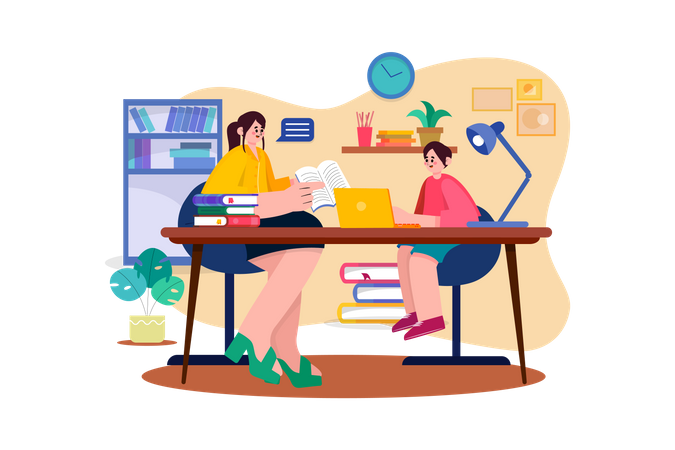 Tutor em casa ensinando menina  Ilustração
