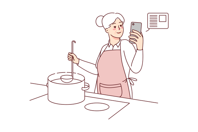 Menina cozinhando com tutorial de receitas on-line  Ilustração