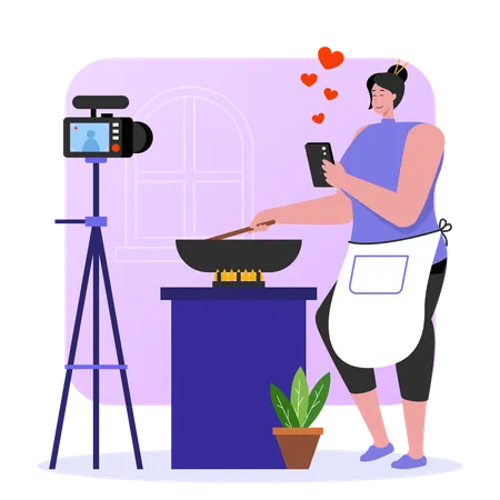 Tutorial de receita de filmagem de vlogger de comida feminina  Ilustração