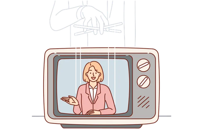 Fake News From TV Due To Puppeteer Manipulating Woman Announcer To Spread Disinformation Or Government Propaganda Concept Of Mass Media And Journalists Voicing Fake News For Television Listeners Illustration