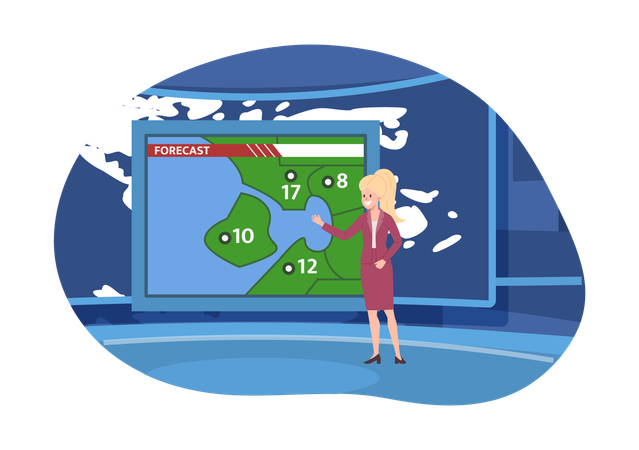 TV presenter tell weather forecast and temperature in different cities  Illustration