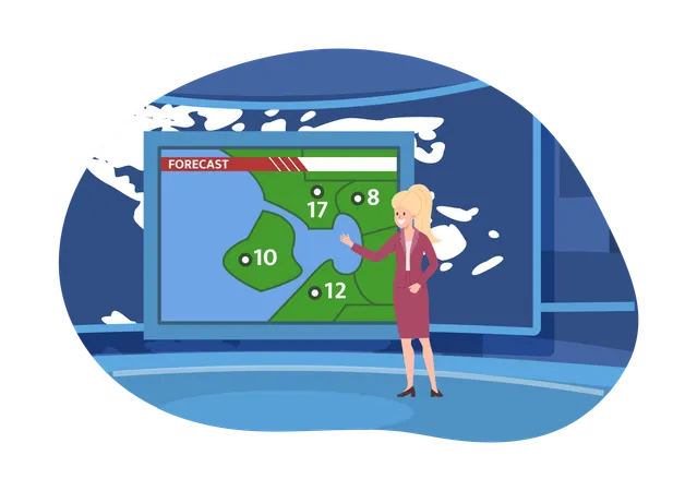 TV presenter tell weather forecast and temperature in different cities  Illustration
