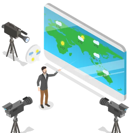 3 D Isometric Flat Vector Illustration Of Weather Forecast TV Reporter At Work Illustration
