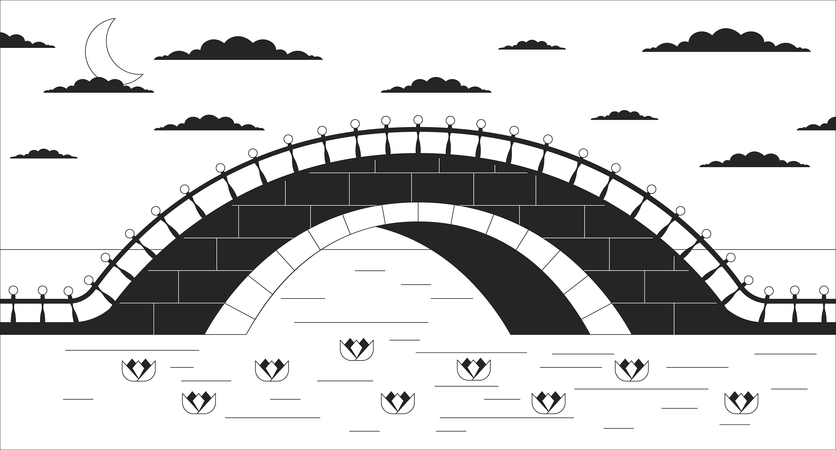 Twilight bridge across river  Illustration
