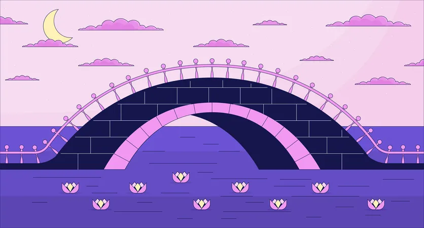 Twilight bridge across river  Illustration