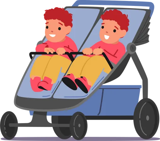 Twin children sitting in stroller Illustration