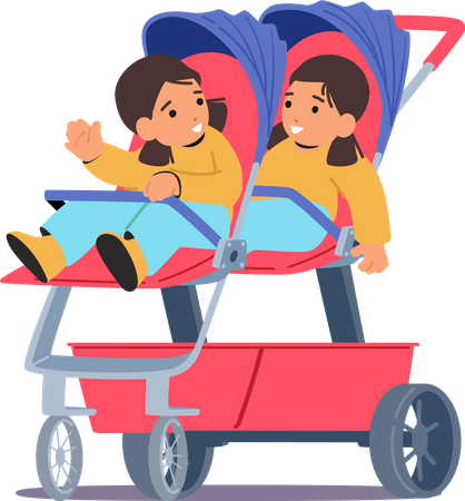 Twin daughter sitting in stroller  Illustration