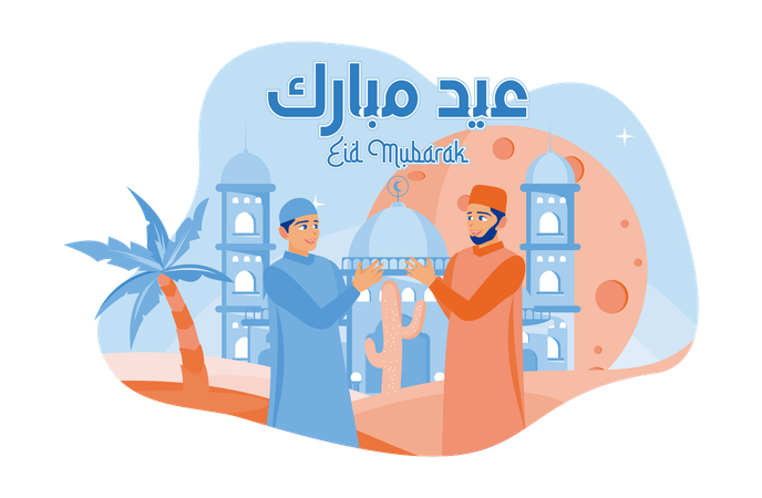 Two Adult Men Shake Hands Celebrating Happy Eid  Illustration