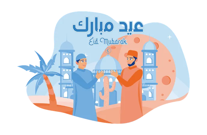 Two Adult Men Shake Hands Celebrating Happy Eid  Illustration