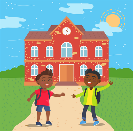 Two African kids standing infront of red brick school building  Illustration