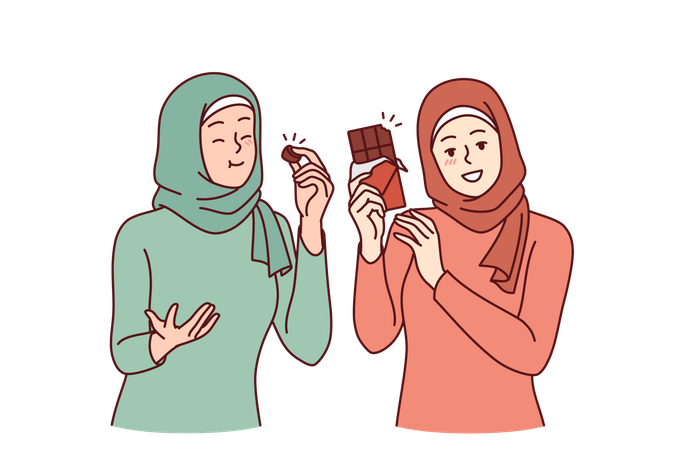 Two arab women eating chocolate  イラスト