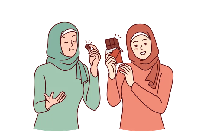 Two Arab Women Eat Chocolate And Rejoice In Rush Of Hormone Of Happiness Dressed In Islamic Scarves And Clothes Girls Recommend Trying Chocolate Made From Natural Cocoa Beans And Organic Cream Illustration