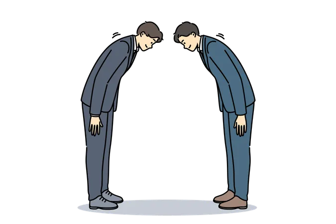 Two asian business men bow in greeting and say conishua during tailoring meeting to sign contract  Illustration