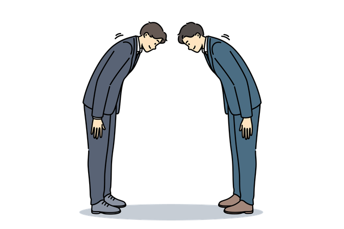 Two asian business men bow in greeting and say conishua during tailoring meeting to sign contract  Illustration