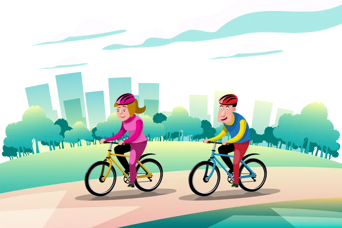 Two Athlete happy couple riding on bicycles in park Illustration
