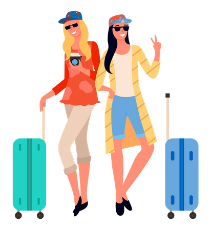 Two beautiful lady standing with their luggage and giving pose  Illustration