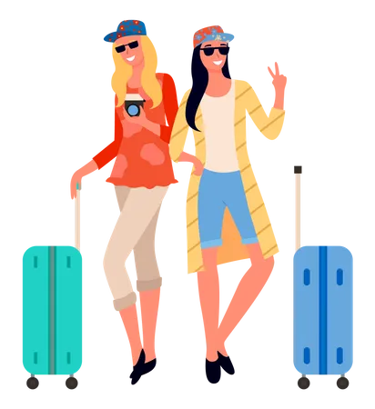Two beautiful lady standing with their luggage and giving pose  Illustration