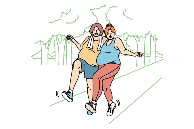 Two bigsize women run through park and doing sports to lose weight and improve well-being  Illustration