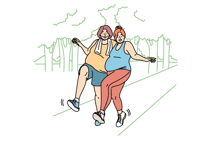 Two Bigsize Women Run Through Park Doing Sports To Lose Weight And Improve Well Being Morning Run Bigsize Girlfriends Struggling With Problem Of Obesity Enjoying Healthy Lifestyle And Good Weather Illustration