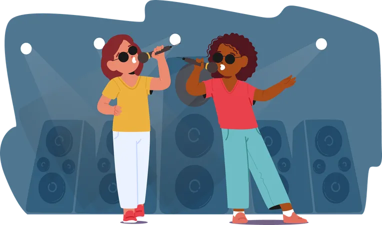 Two Blind Children Joyfully Singing And Dancing On Stage  Illustration