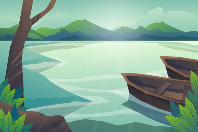 Two boat floating in river  Illustration