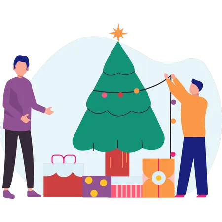 Two boys decorating christmas tree  Illustration