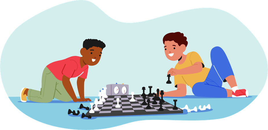 Two Boys Engrossed In Game Of Chess  Illustration