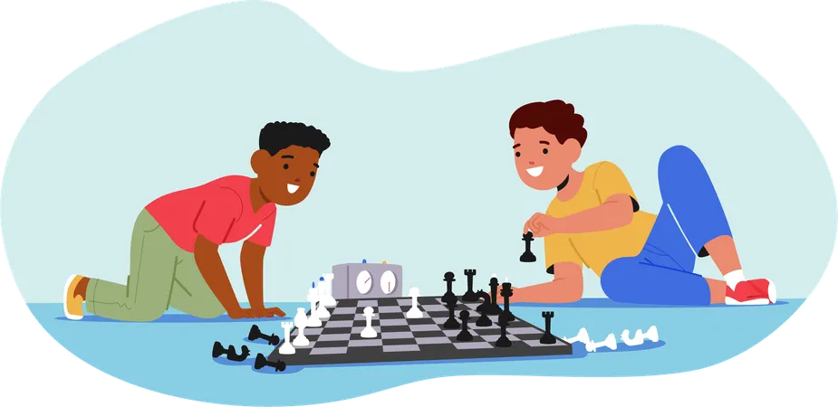 Two Boys Engrossed In Game Of Chess  Illustration