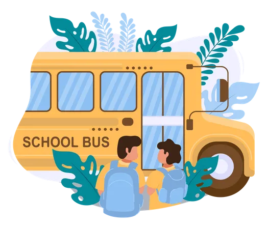 Two boys go to school by school bus Illustration