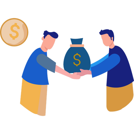 Two Boys Holding Bag Of Dollars  Illustration