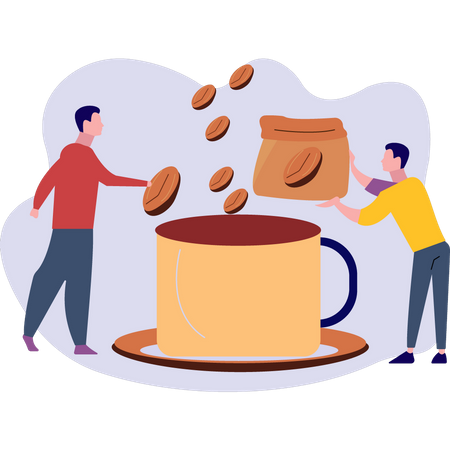 Two boys making coffee  Illustration