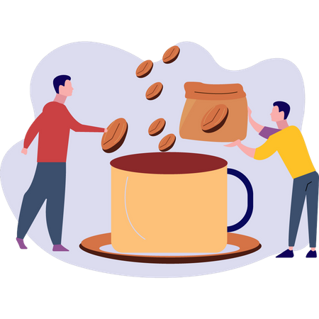Two boys making coffee  Illustration