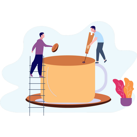 Two boys making coffee  Illustration