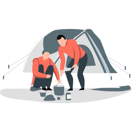 Two boys making food while camping  Illustration