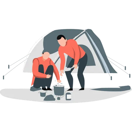 Two boys making food while camping  Illustration