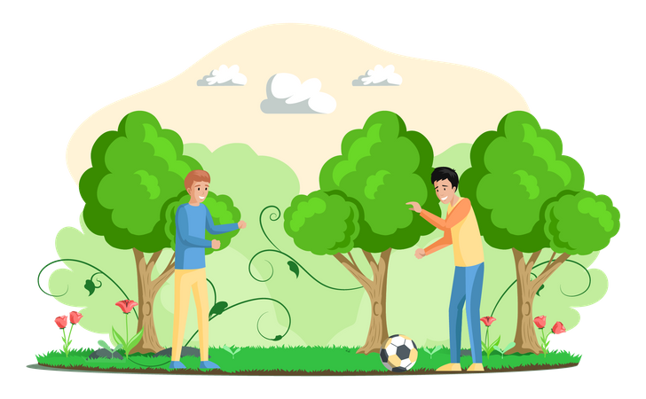 Two boys playing football together Illustration