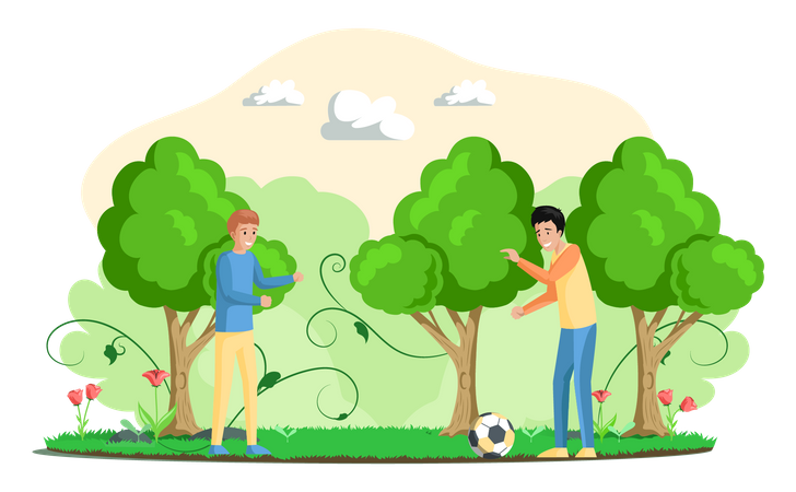 Two boys playing football together  Illustration