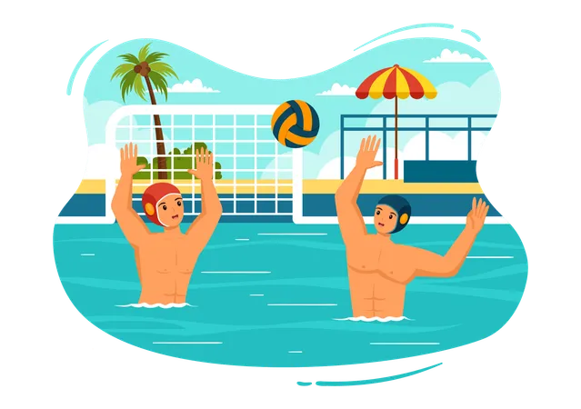 Water Polo Sport Vector Illustration With Player Playing To Throw The Ball On The Opponents Goal In The Swimming Pool In Flat Cartoon Background 일러스트레이션
