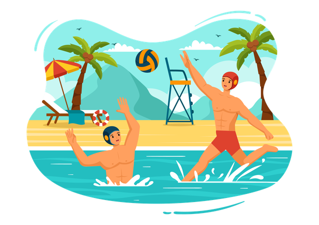 Two boys playing volley ball at beach  イラスト