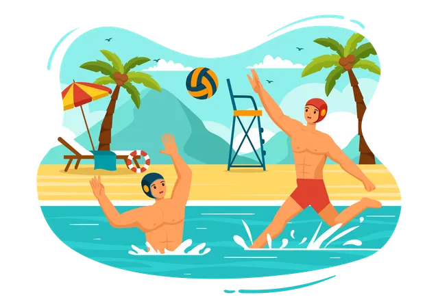 Water Polo Sport Vector Illustration With Player Playing To Throw The Ball On The Opponents Goal In The Swimming Pool In Flat Cartoon Background イラスト