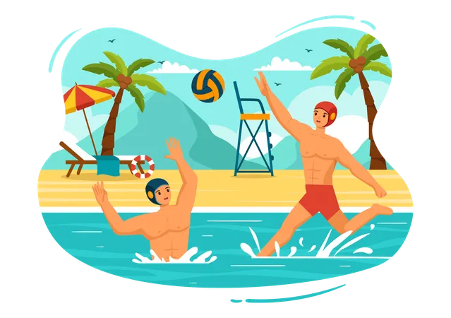 Two boys playing volley ball at beach  Illustration