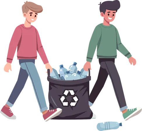Two boys volunteer to collect recycled bottles  Illustration