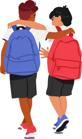 Two Boys Children With Backpacks Walking To School With Hands On Shoulders Ready For A Day Of Learning And Fun Little Pupil Kid Friend Characters Seen From Behind Cartoon People Vector Illustration Illustration