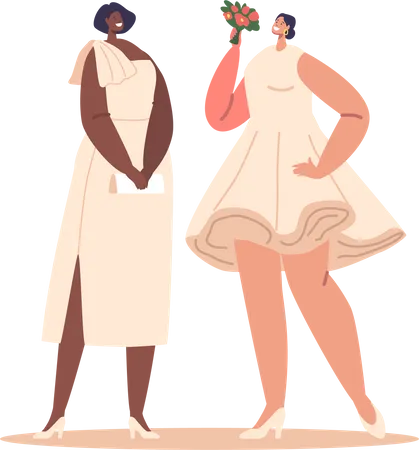 Two Brides Stand Side By Side One In A Long Elegant Gown And The Other In Short Modern Dress Radiating Joy And Love On Their Special Day Happy Female Characters Cartoon People Vector Illustration Illustration