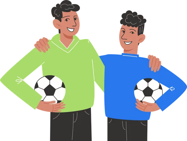 Two brothers standing next to each other holding soccer balls  Illustration