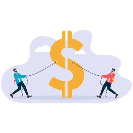 Two business man fighting over market income share tearing big dollar apart  Illustration