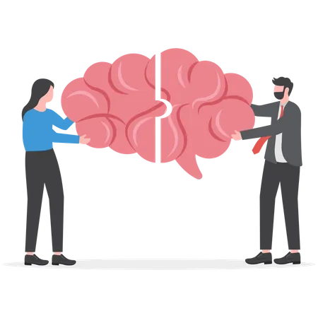 Two Business Man Push Brain For Communication Idea Knowledge Teamwork And Education Concept Flat Design Illustration
